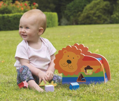 toddler-playing-with-Orange-tree-Lion-shape-sorter-rainbow